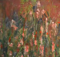 flowers, pink, field, green, abstract, orange, expressionistic, carryvandelft, art, painting