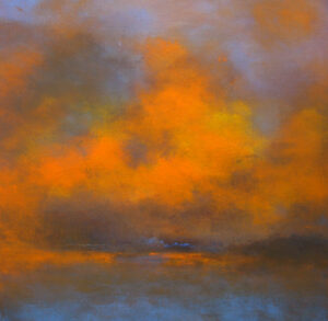 Schilderij | Painting| 50 x 50 | oranje en blauw | burning clouds | Carry van Delft