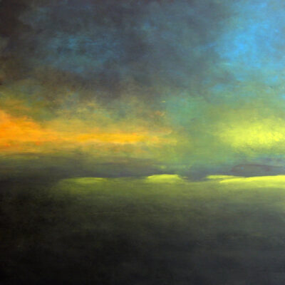 Schilderij | Painting | 50 x 50 | groen met blauw en geel | Illuminating the Dark Fields | Carry van Delft