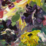 Schilderij | In a gardens corner | Painting | 20 x 20 | purper, geel en rose | Carry van Delft