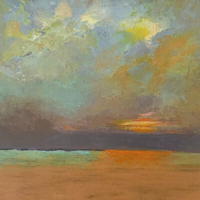 Schilderij | Painting | 20 x 20 cm | azuurblauw, oranje en mauve | Carry van Delft