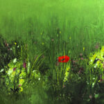Schilderij | 50 x 50 cm | groen met geel en rood | Misty Sunrise Flowerfield | Carry van Delft