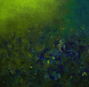 Schilderij | Painting | 50 x 50 cm | blauw paars en groen | Mysterious Iris Scene | Carry van Delft