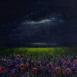 Schilderij | Painting | 50 x 50 cm | blauw groen en rose | Stormy Flower Field | Carry van Delft