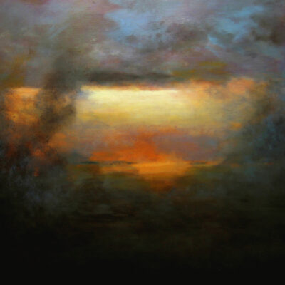 Schilderij | Painting | 80 x 80 | blauw en oranje met Geel en zwart | Sun Breaking through | Carry van Delft