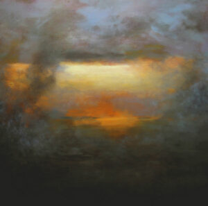 Schilderij | Painting | 80 x 80 | blauw en oranje met Geel en zwart | Sun Breaking through | Carry van Delft
