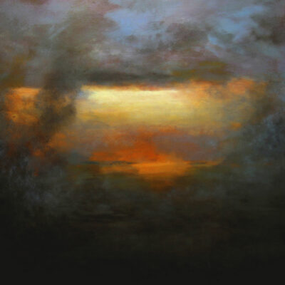 Schilderij | Painting | 80 x 80 | blauw en oranje met Geel en zwart | Sun Breaking through | Carry van Delft