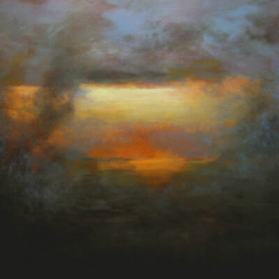 Schilderij | Painting | 80 x 80 | blauw en oranje met Geel en zwart | Sun Breaking through | Carry van Delft
