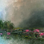 Schilderij | Painting | 50 x 50 | grijs met groen en rosel | NYMPHEAS | Carry van Delft